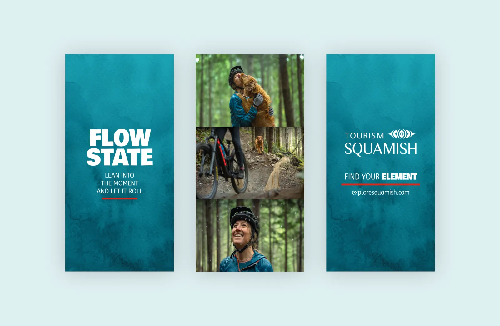 A social story mockup with three frames of Tourism Squamish content