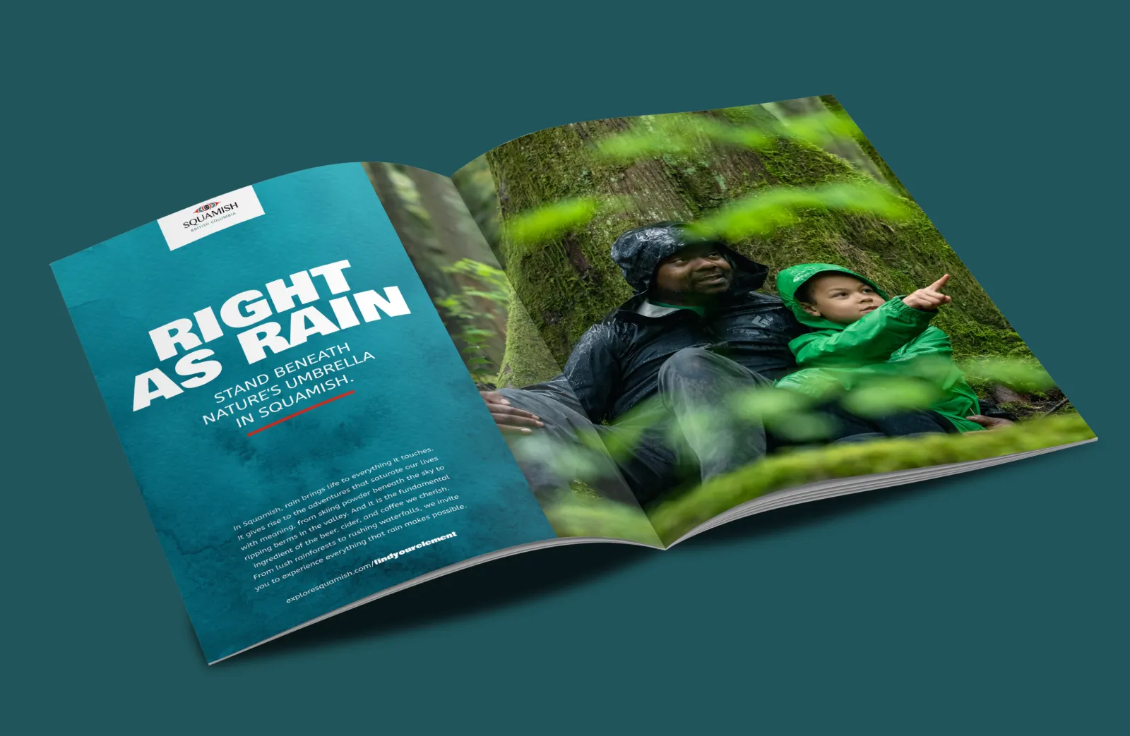 A magazine mockup showing a Tourism Squamish ad