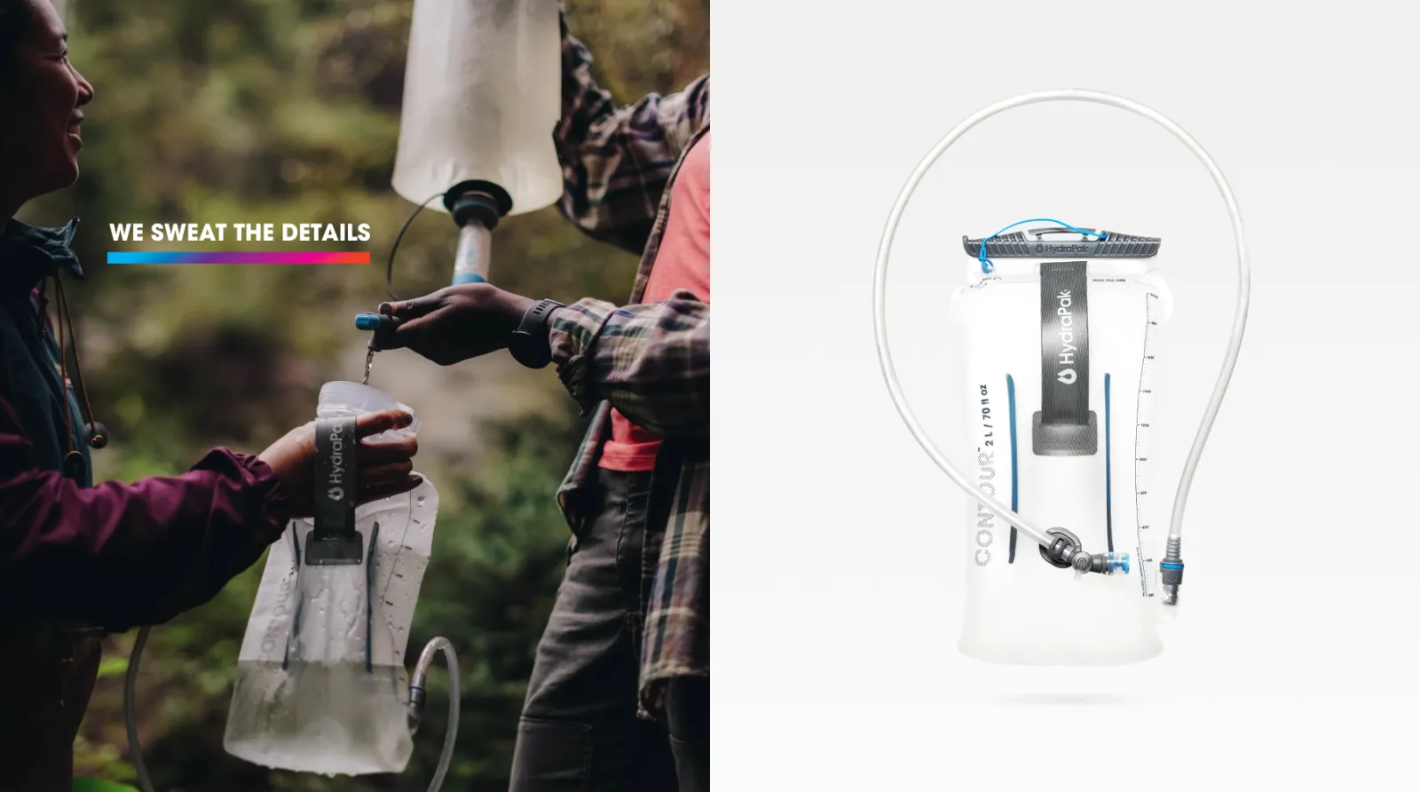 split screen of friends filling up reservoir in outdoors and studio shot of reservoir