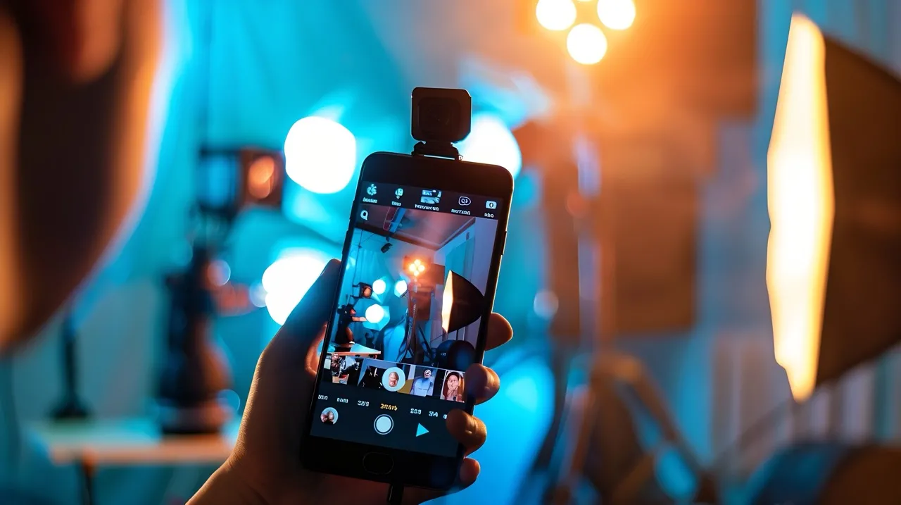 Person holding phone in video studio