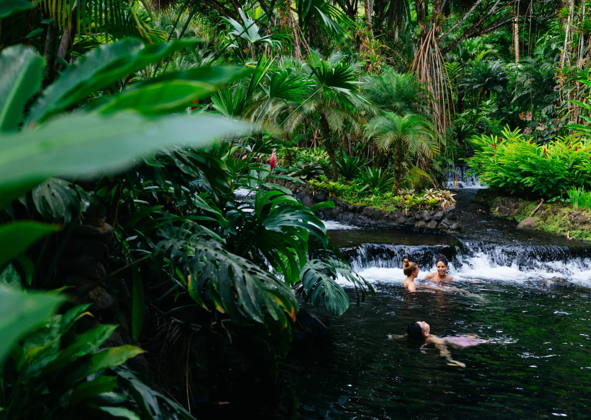 People swimming in a tropical river in Costa Rica