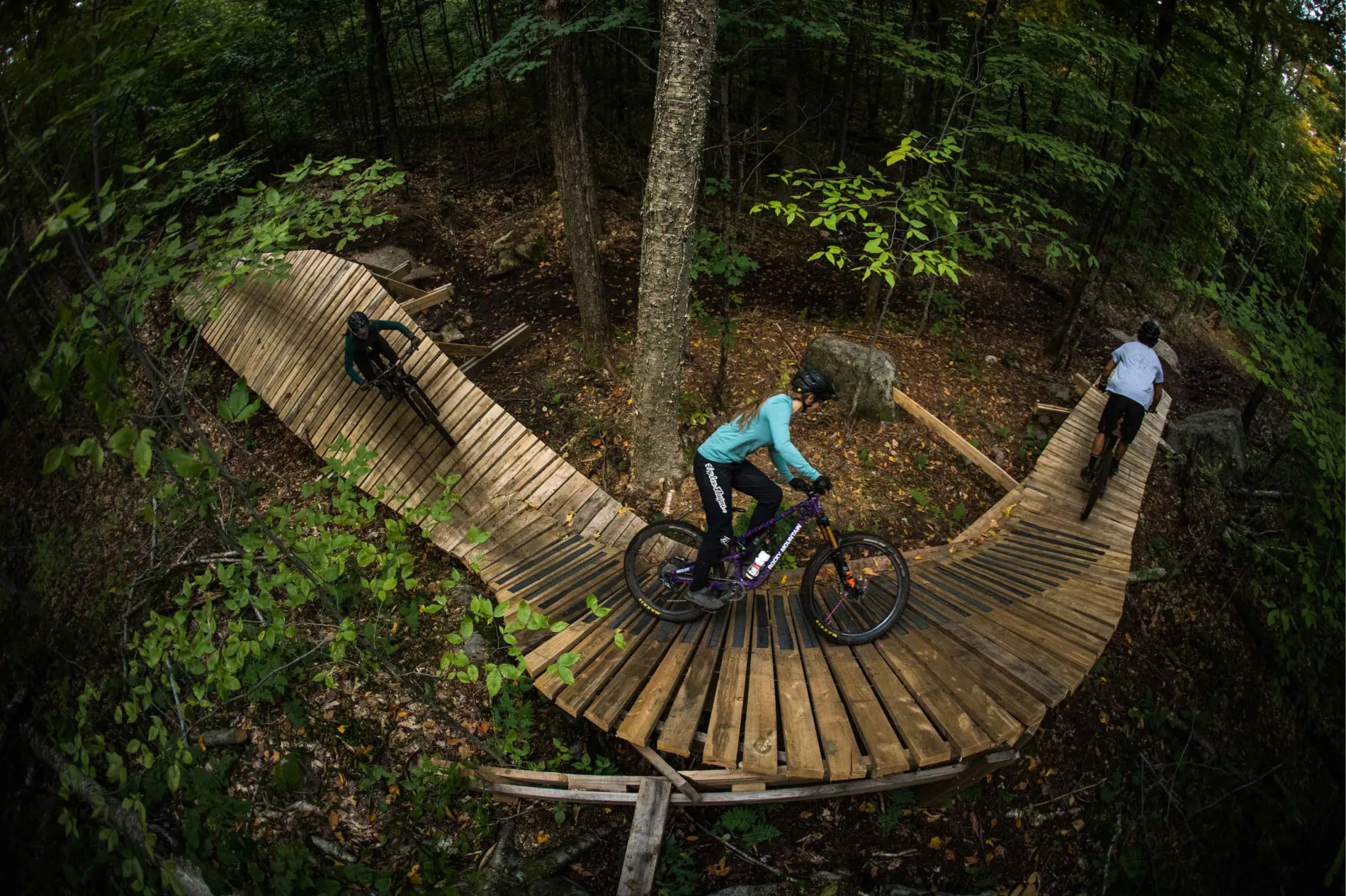 Mountain bikers riding wood work